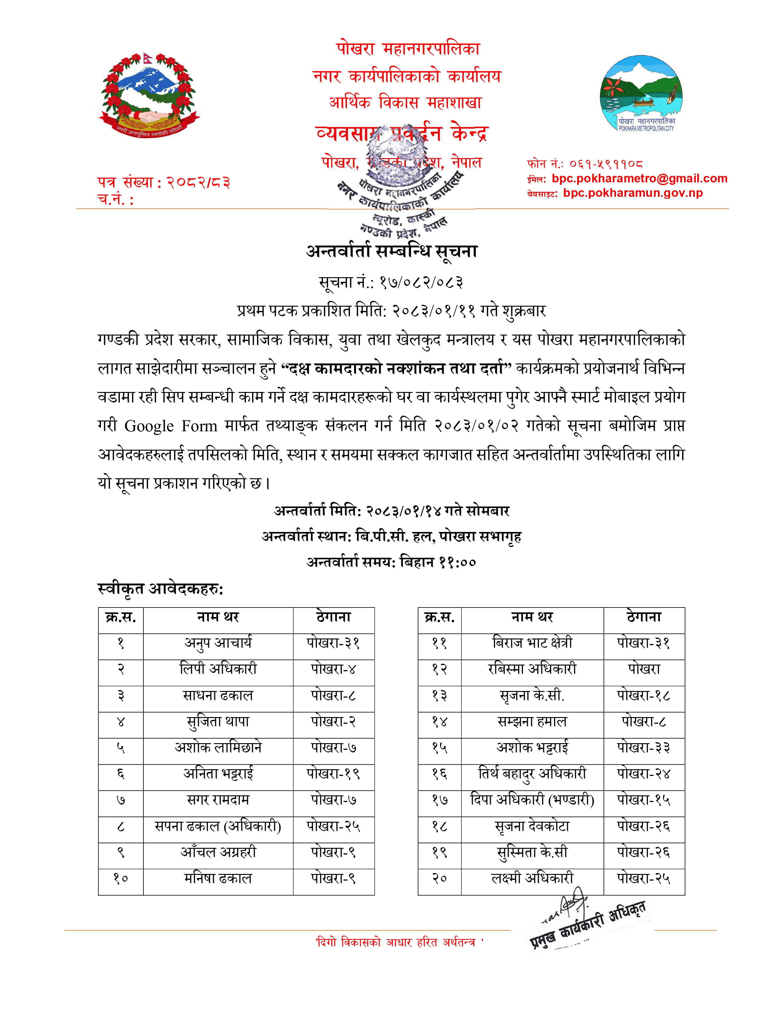 दक्ष कामदारको नक्शांकन तथा दर्ता अन्तर्वार्ता सम्बन्धि सूचना